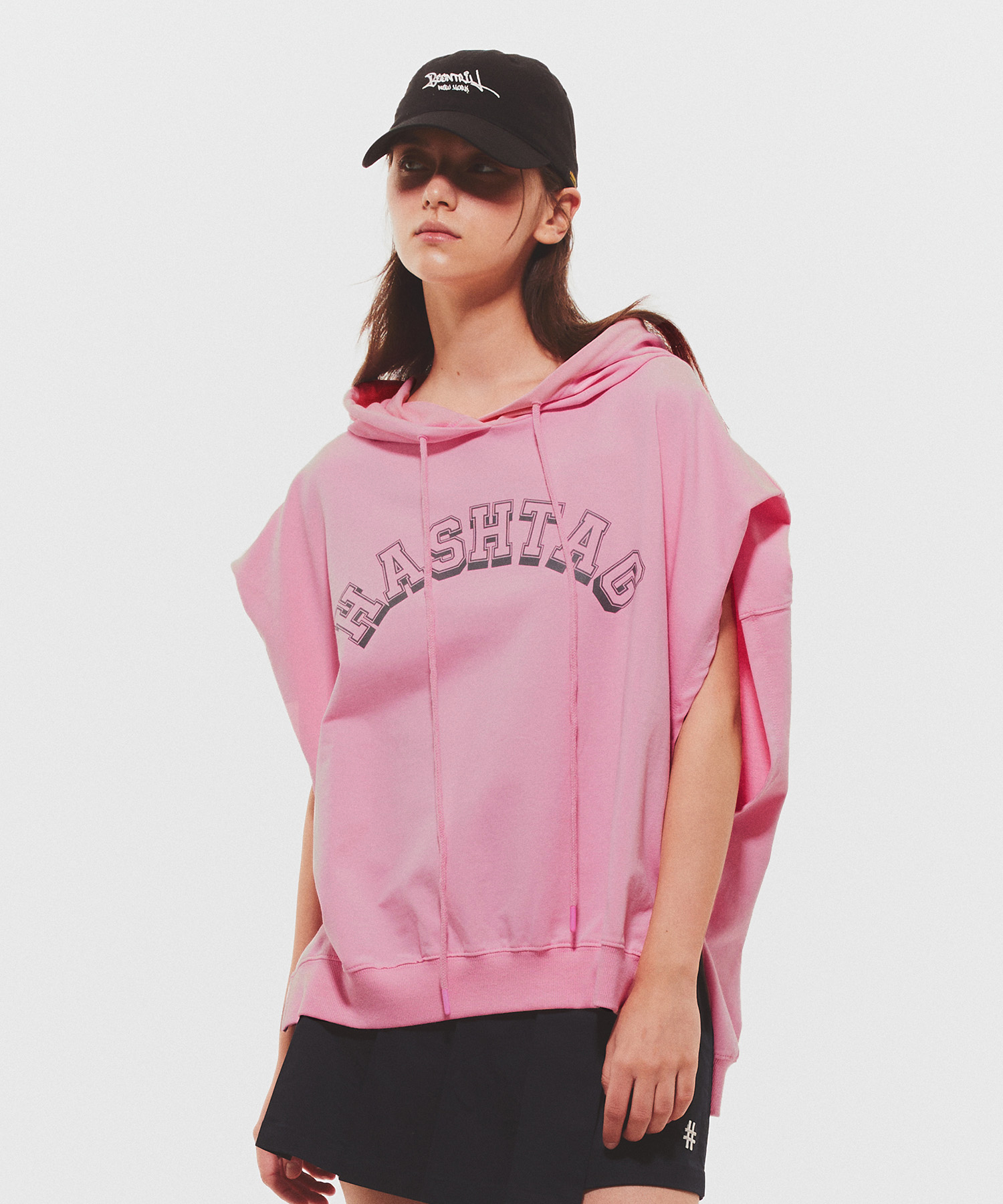 여성 슬리브리스 후디 티셔츠(핑크)