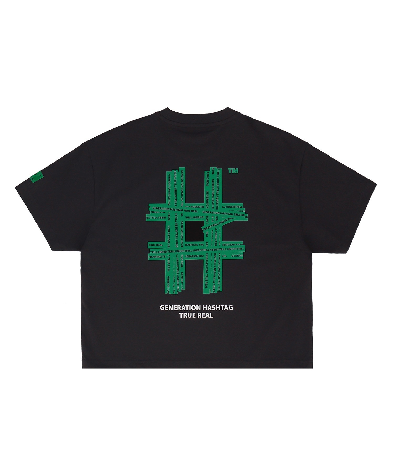 [우먼즈] 뉴 그린 테이핑 해시태그 오버핏 반팔 티셔츠((블랙)